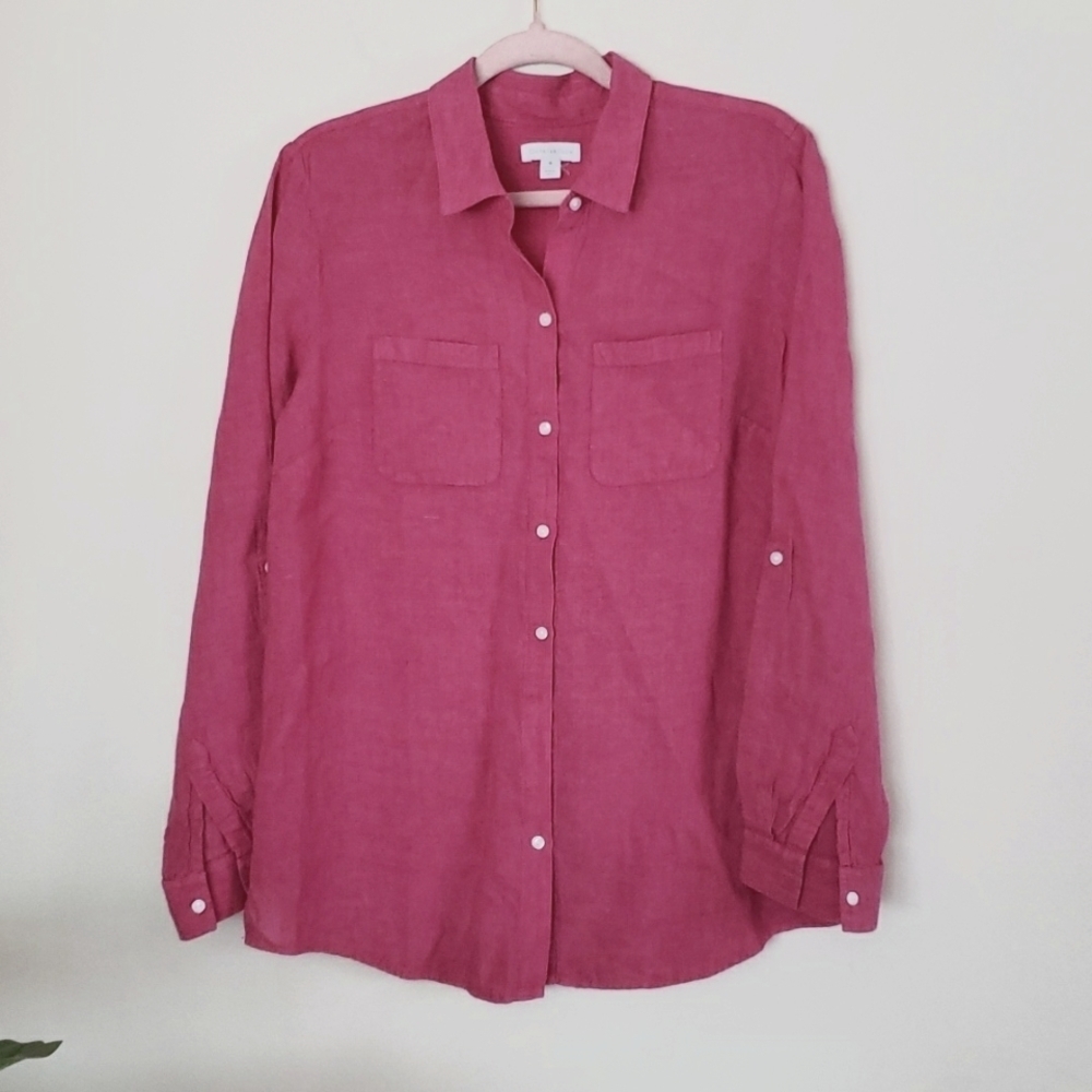 Charter club 100% linen fushia pink button down shirt women's size medium.
